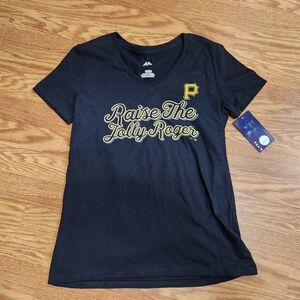 Majestic Pittsburgh Pirates Women Tshirt Black Raise The Jolly Roger Size Medium